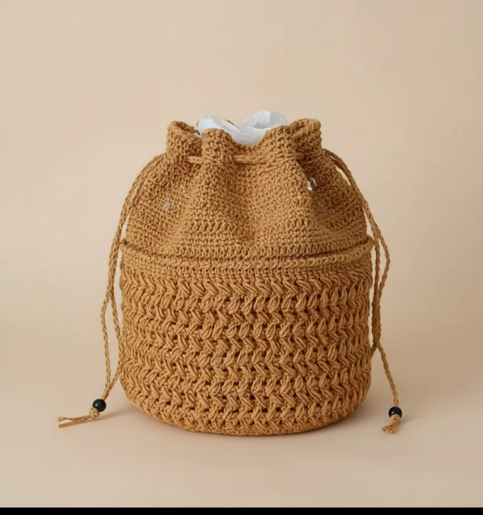 Bej Kağıt İplik Örgü Büzgülü Kadın Kol Çantası - El Emeği