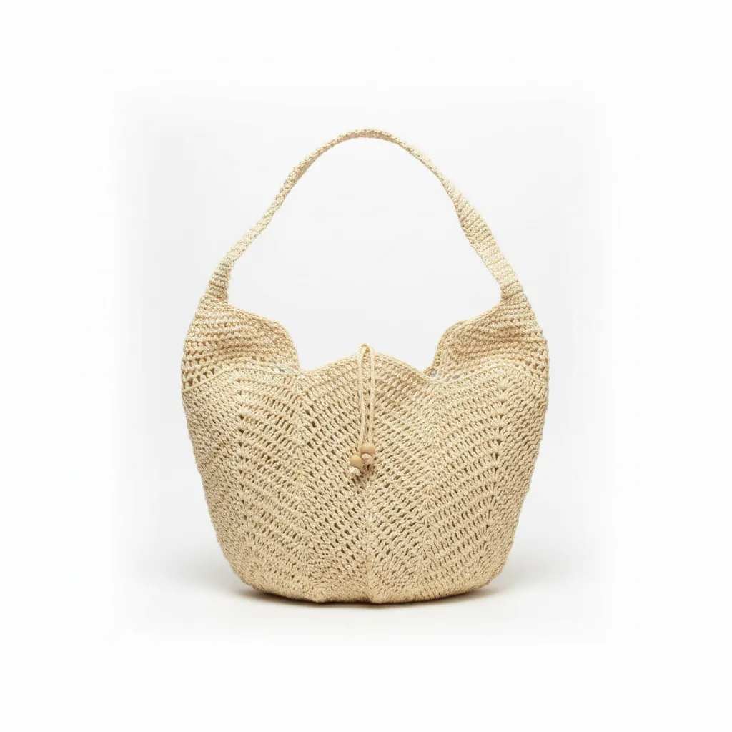 Krem Rengi Kağıt İplik Örgü Astarlı Kadın Omuz Çantası - El Emeği