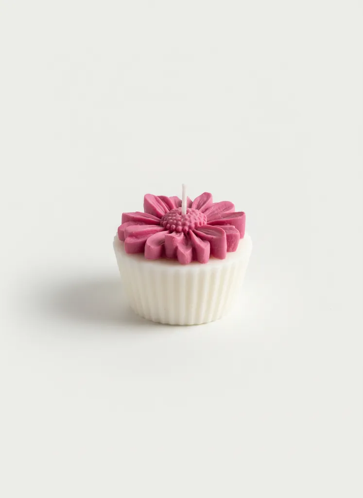 Pembe Papatya Detaylı Cupcake Tasarımlı Dekoratif Soya Wax Mum