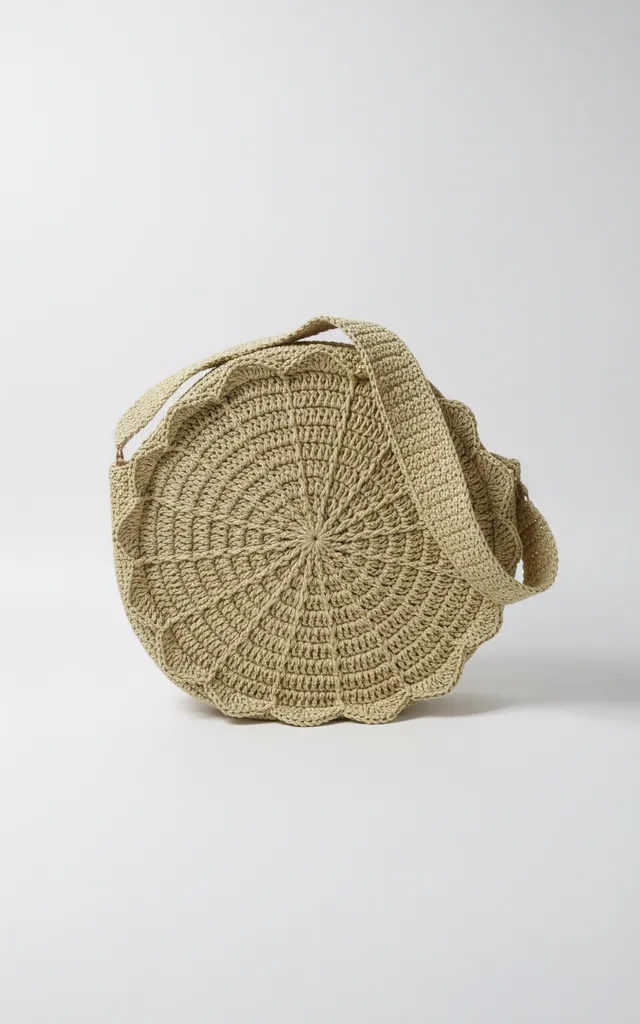 Bej Kağıt İplikten Örme Bohem Çanta - Yuvarlak ve Astarlı Model