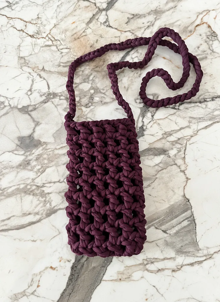 Burgundy Knitted Cell Phone Bag - Handmade Macrame Phone Holder