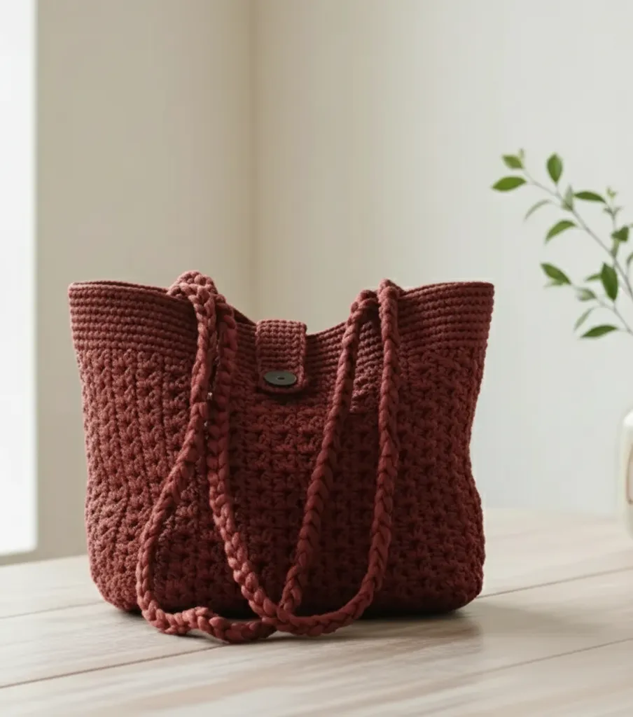 Bordo Makrome Örgü Omuz Çantası - Düğmeli Kapaklı, El Emeği