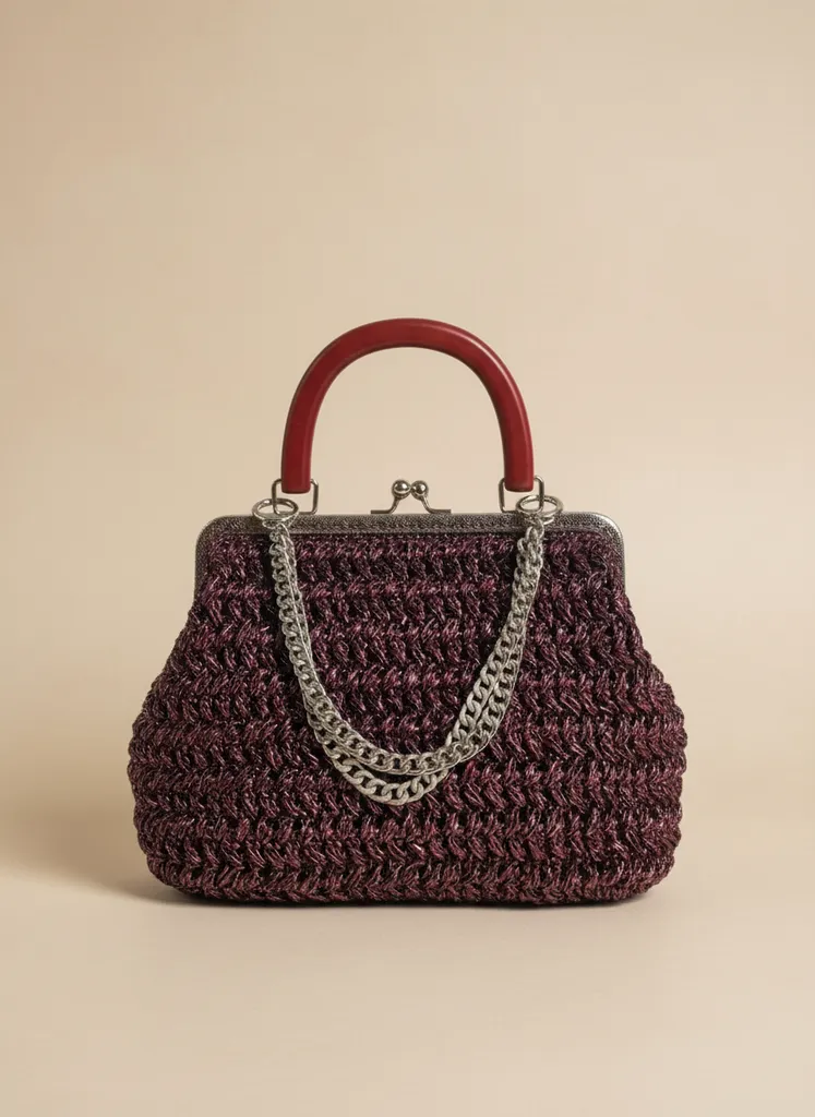 Metalik Kahve Rengi Örgü Omuz Çantası - Ahşap Saplı ve Zincir Detaylı