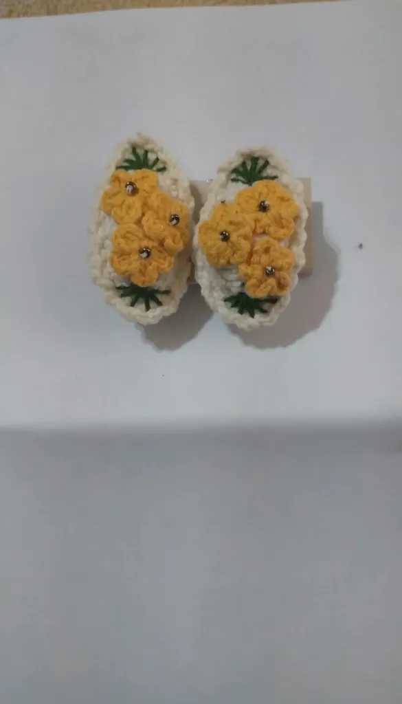 Yellow Flower Patterned Knitted Buckle - Clasp Hair Accessory - Handmade