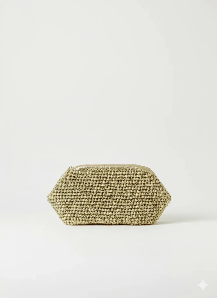 Light Gold Rafya Örgü Burslu Şık Gece Çantası - El Yapımı