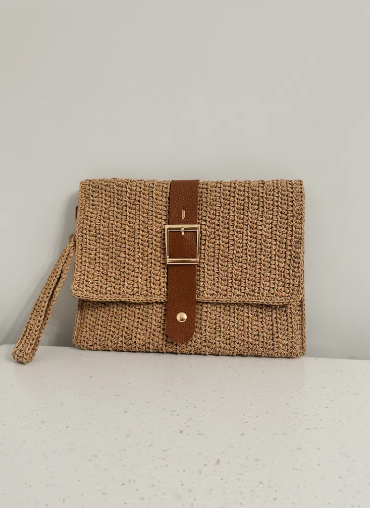 Hasır Görünümlü Kâğıt İp Örgü Clutch Kapaklı Omuz Çantası