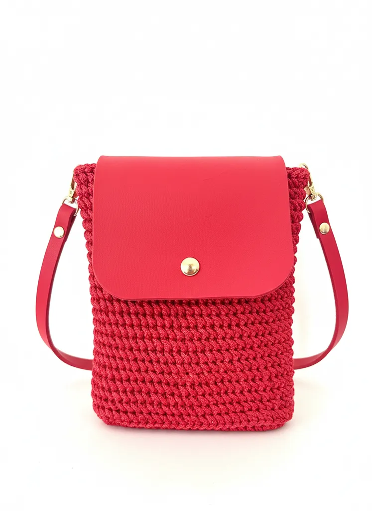 Kırmızı Makrome Örgü Çapraz Telefon Çantası - Suni Deri Detaylı