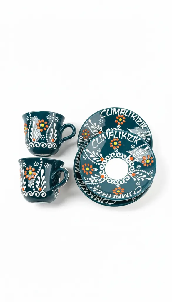 Lacivert Seramik Cumalıkız Desenli İki Kişilik Kahve Fincan Seti