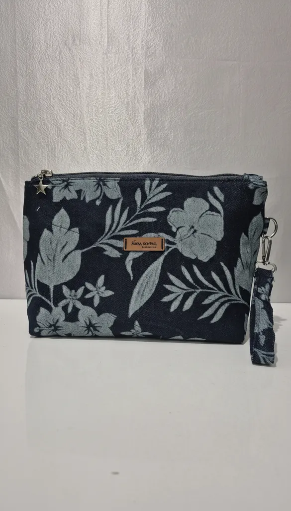 Desenli Denim Clutch Çanta - Fermuarlı, Bileklik Askılı, El Emeği