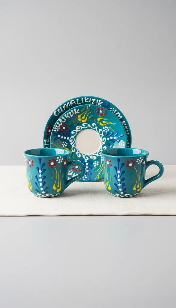 Turkuaz Seramik Cumalıkız İşlemeli Kahve Fincan Takımı (2 Fincan + 2 Tabak)