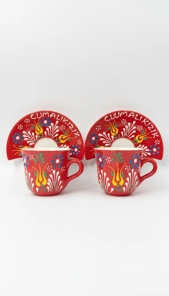 Kırmızı Desenli Cumalıkız Temalı Seramik Kahve Fincan Seti (2 Kişilik)