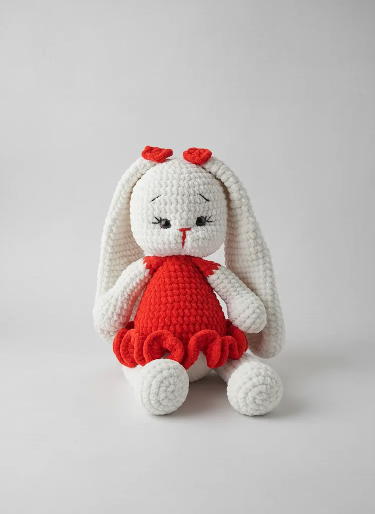 Knitted Rabbit Toy - White and Red Colored, Handmade Gift