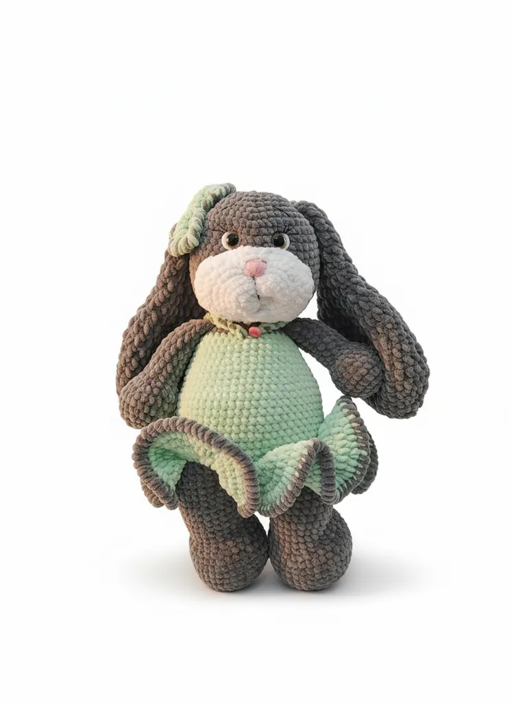 Gri ve Mint Yeşili Kadife İpten Örme Tavşan Amigurumi Oyuncak