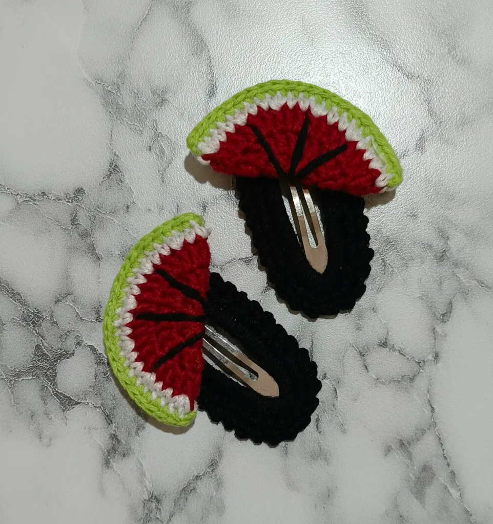 Örgü Karpuz Motifli Çıtçıtlı Saç Tokası - 2'li Set - El Emeği