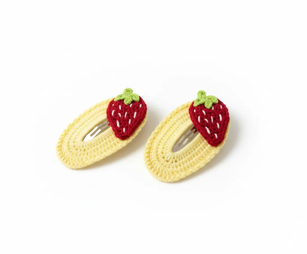 Knitted Strawberry Motif Hair Clip Set - Yellow Colored Snap Handmade