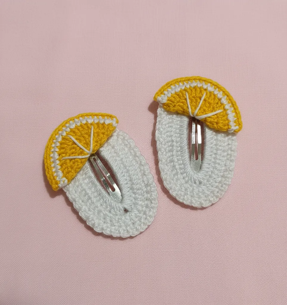 Orange Segment Knit Hair Clip Set - Snap-on, Yellow and White Colored