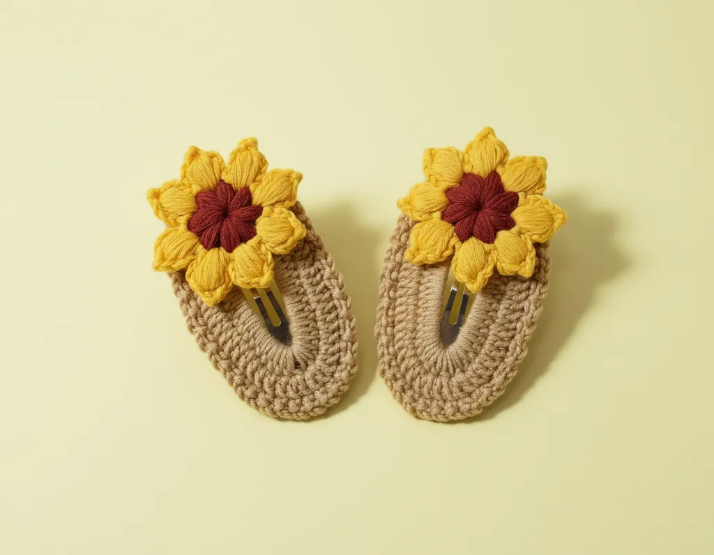 Yellow Sunflower Motif Knitted Hair Clip Set - Snap-on, Handmade