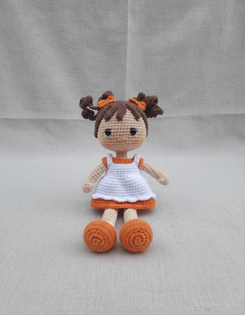 Turuncu Detaylı Amigurumi Bebek - 20 cm Pamuk İpten El Yapımı Oyuncak