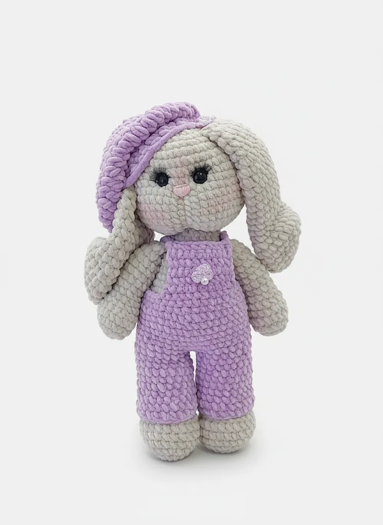 Purple Jumpsuit Knitted Toy Rabbit - Handmade with Himalaya Yarn