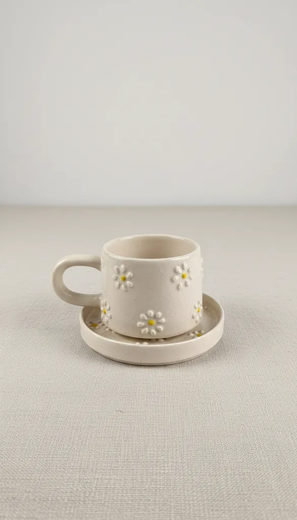 Krem Renkli Papatya Desenli Seramik Fincan Takımı - El Yapımı