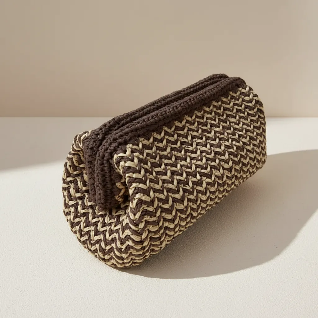 Rafya İpli Örgü Burslu Çanta - Kahverengi ve Bej Renkli El Emeği