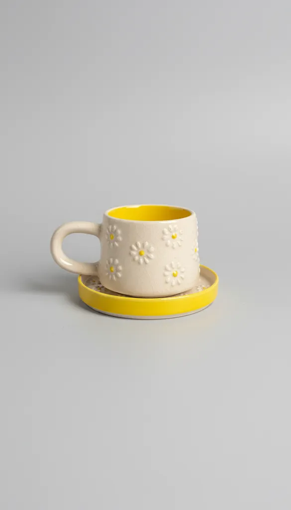 Sarı ve Papatya Desenli Seramik Fincan Takımı - El Yapımı