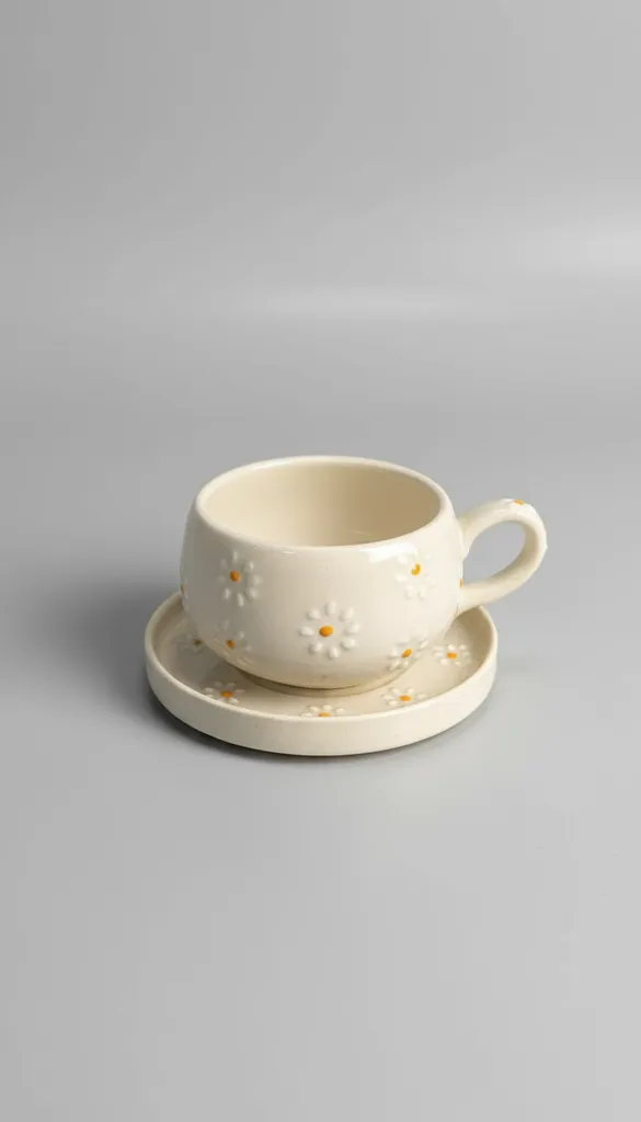 Krem Renkli Papatya Desenli Seramik Çay Fincanı ve Altlığı