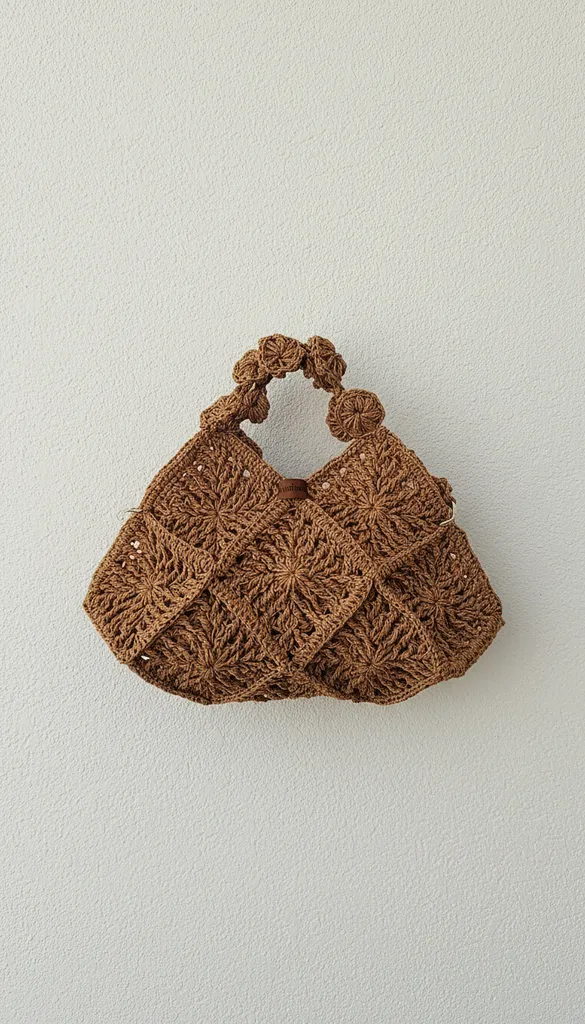Brown Woven Straw Shoulder Bag - Geometric Patterned and Lined
