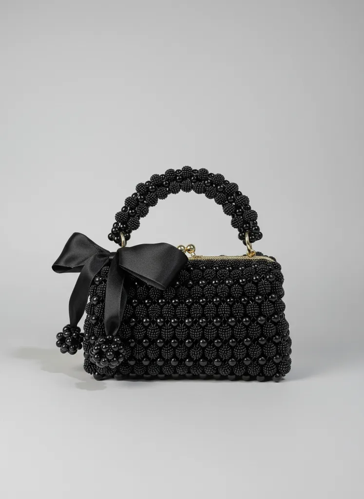 Siyah İnci Boncuklu Astarli Çanta - El Emeği Özel Tasarım