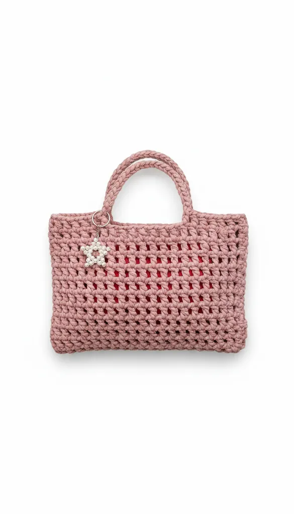 Pembe Penye İpten Örme Veronika Çanta - Anahtarlıklı ve El Emeği