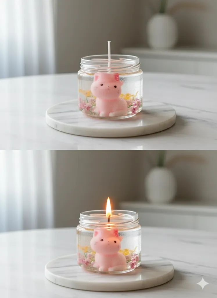 Pembe Kedi Figürlü Kavanoz İçinde Dekoratif Mum - Ev Hediyesi
