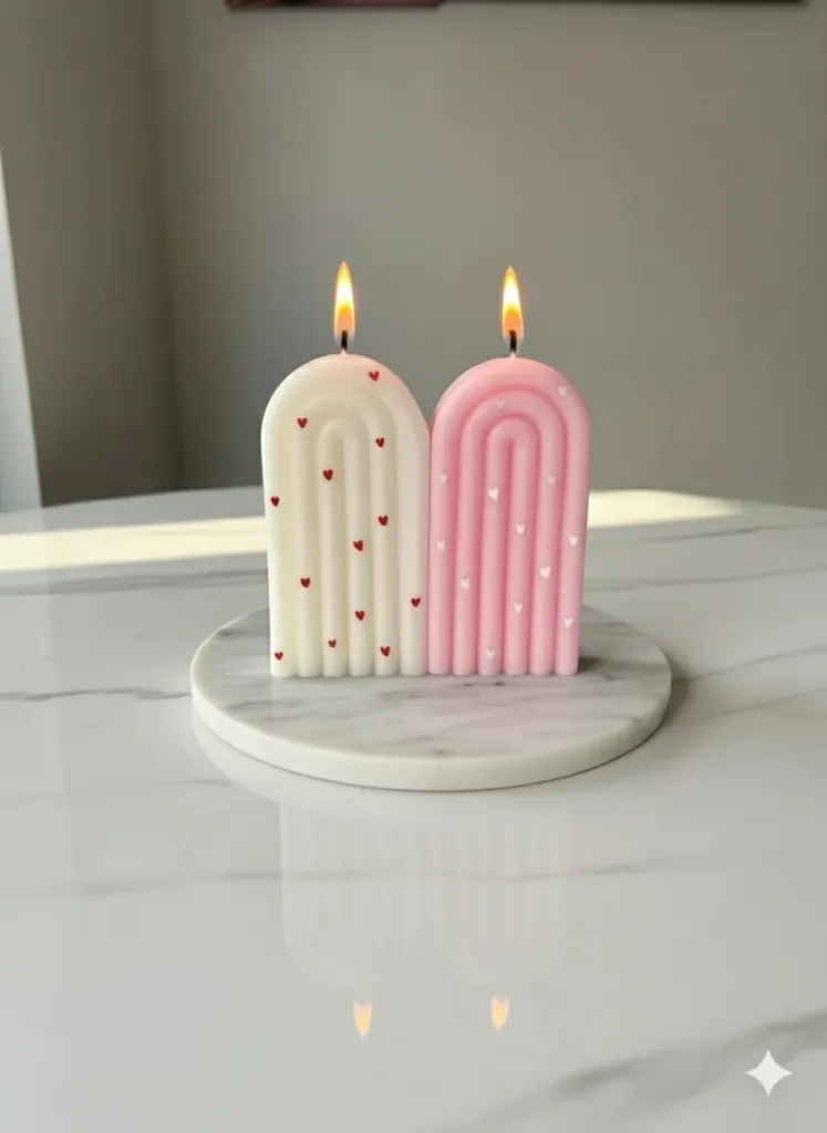Gökkuşağı Tasarımlı İkili Dekoratif Mum Seti - Kalp Desenli