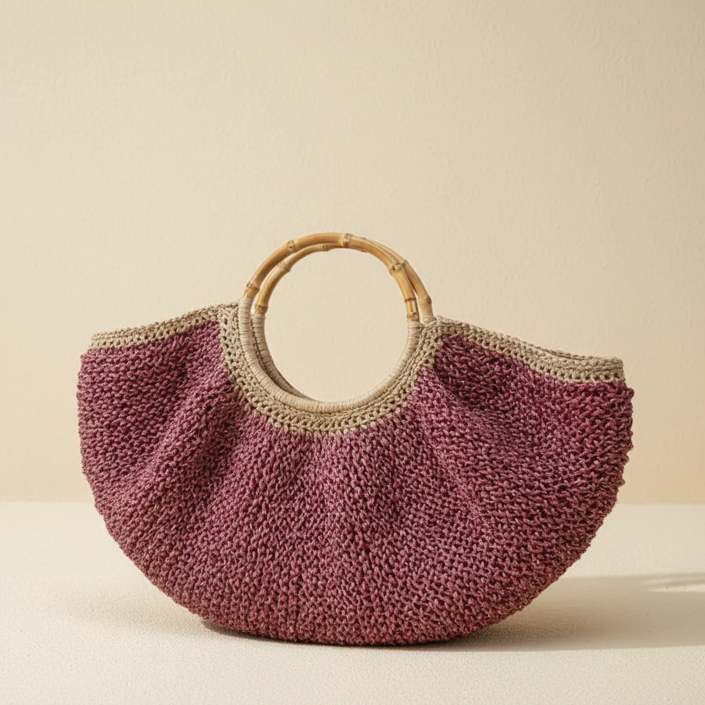 Bordo Renkli Simli Kağıt İp Örgü El Çantası - Yuvarlak Ahşap Saplı