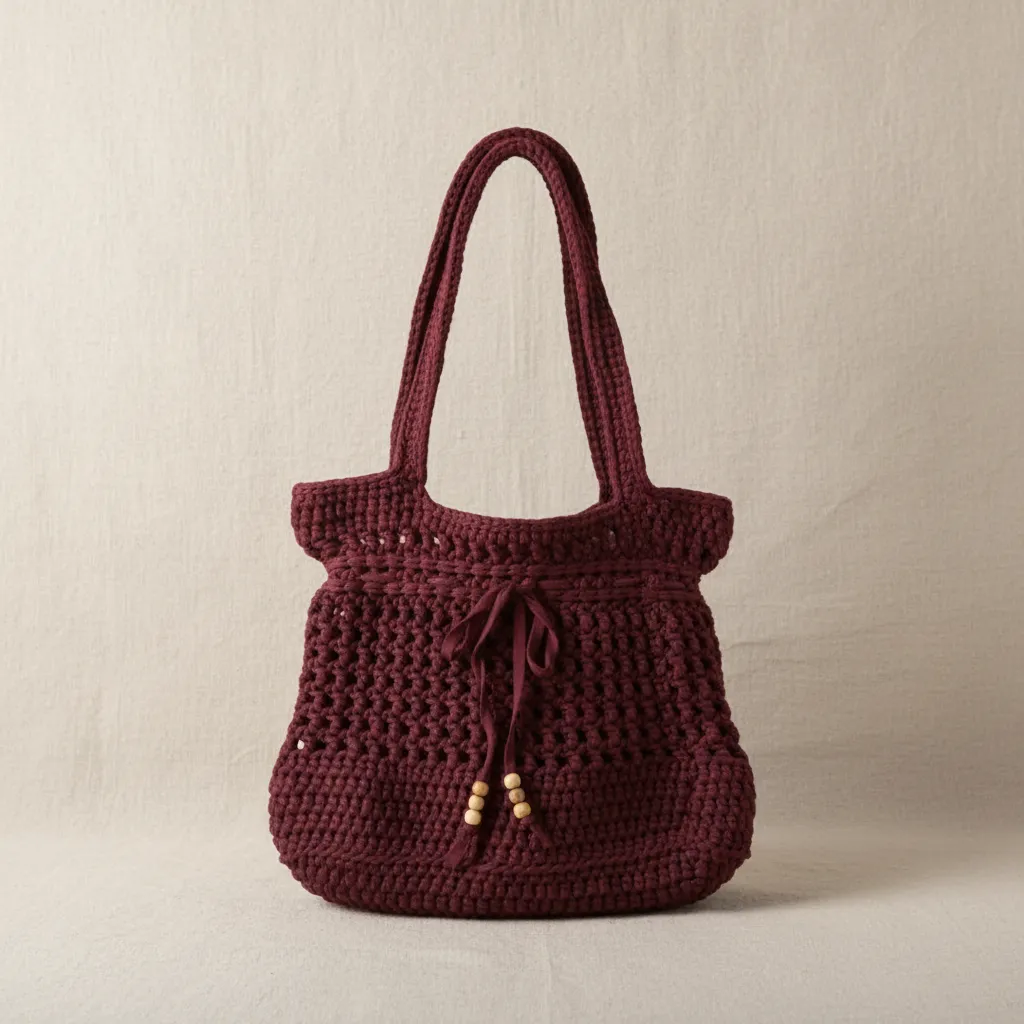 Bordo El Örgüsü Tote Omuz Çanta - Ahşap Boncuk Detaylı