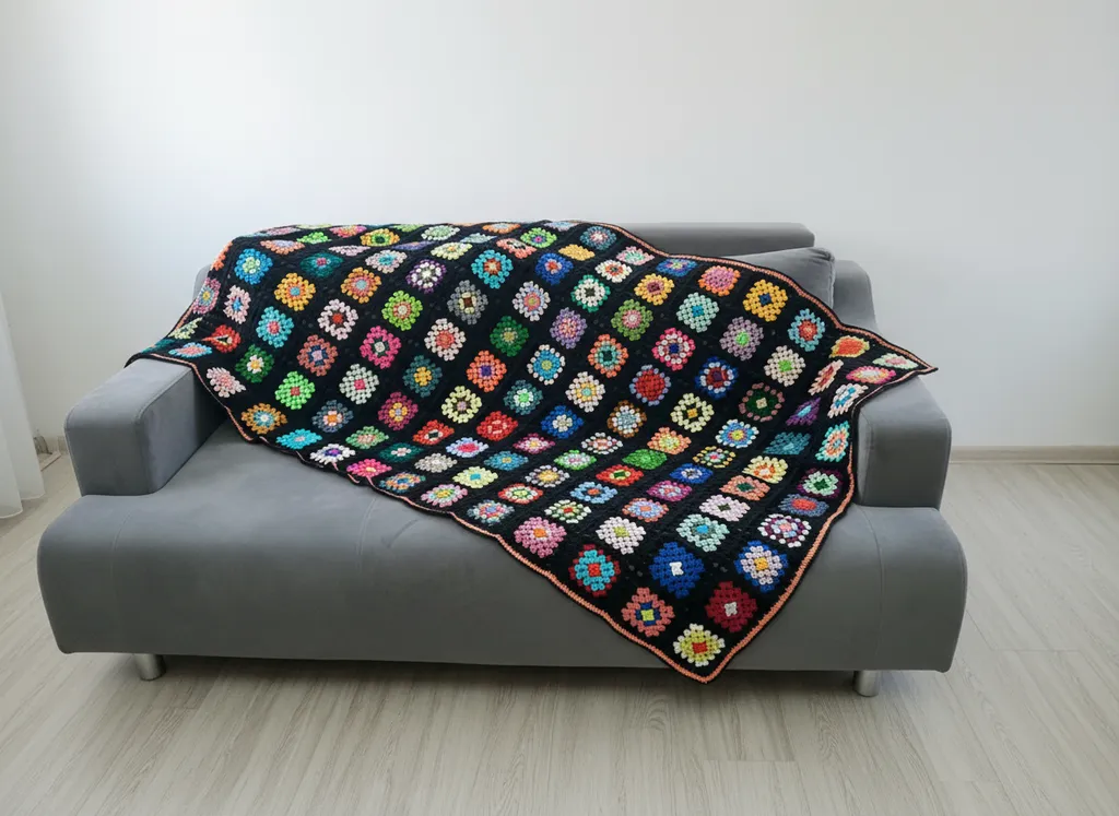 Renkli Motifli Kareli Pamuklu Babaanne Battaniyesi - Koltuk Şalı