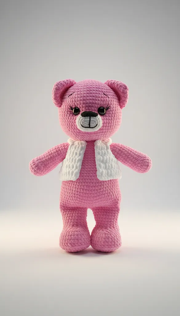 Kadife İpten Örme Pembe Ayıcık Oyuncak - Kilitli Gözlü ve Yelekli