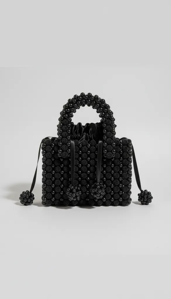 Siyah Boncuklu Çanta - Özel Tasarım Astarlı El Emeği Boncuk Çanta