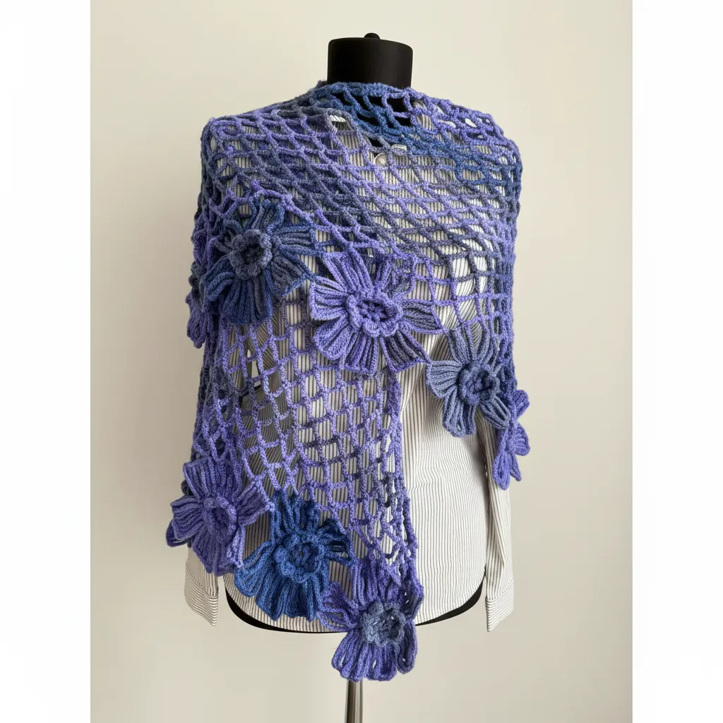 Mor Çiçekli Tığ İşi Örgü Şal Fular - Üçgen Atkı Hediye