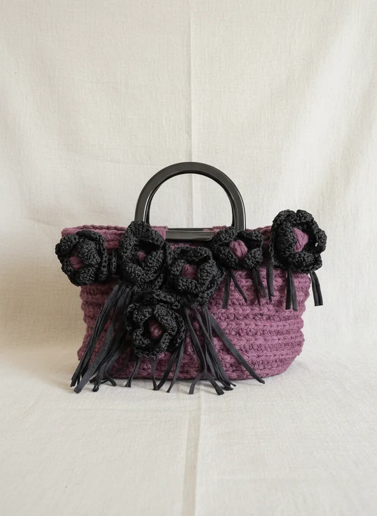 Purple Multi-Colored Rose Macrame Knit Mini Bag - Handmade