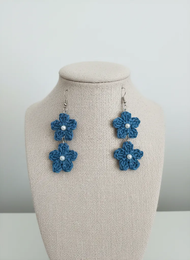 Mavi Çiçek Motifli İnci Detaylı Kâğıt İp Küpe - El Emeği