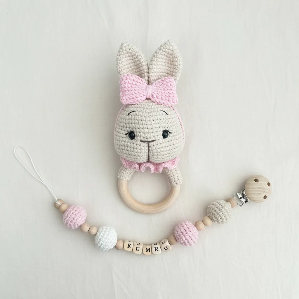 Pembe Tavşan Amigurumi Çıngırak ve Ahşap Emzik Zinciri Takımı