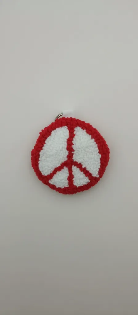 Red and White Peace Symbol Punch Needle Keychain - Handmade