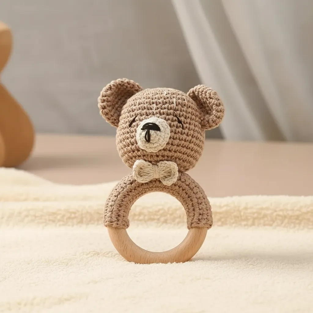 Örme Ayıcık Figürlü Ahşap Çıngırak Oyuncak - Amigurumi Bebek Oyuncak