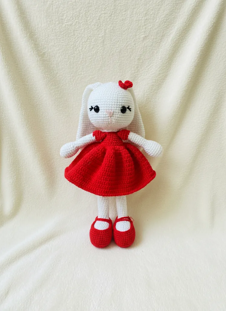 Amigurumi Tavşan Oyuncak - Kırmızı Elbise ve Ayakkabılı, El Yapımı