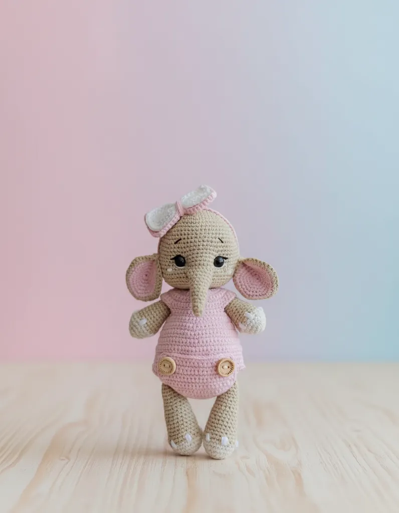 Pembe Elbiseli Amigurumi Fil Oyuncak Bebek - 23 cm Boyunda