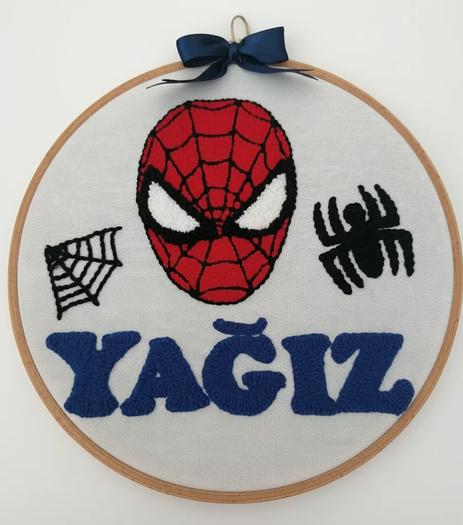 Spiderman Temalı Punch Nakışı Pano - İsim Yazılı Duvar Dekoru