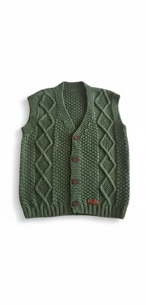 Erkek Çocuk Yeşil Örgü Yelek - Düğmeli ve Desenli Model