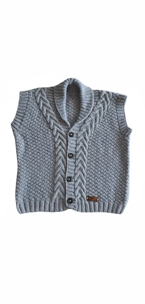 Gri Örgü Desenli Erkek Çocuk Yelek - Düğmeli, Şal Yaka