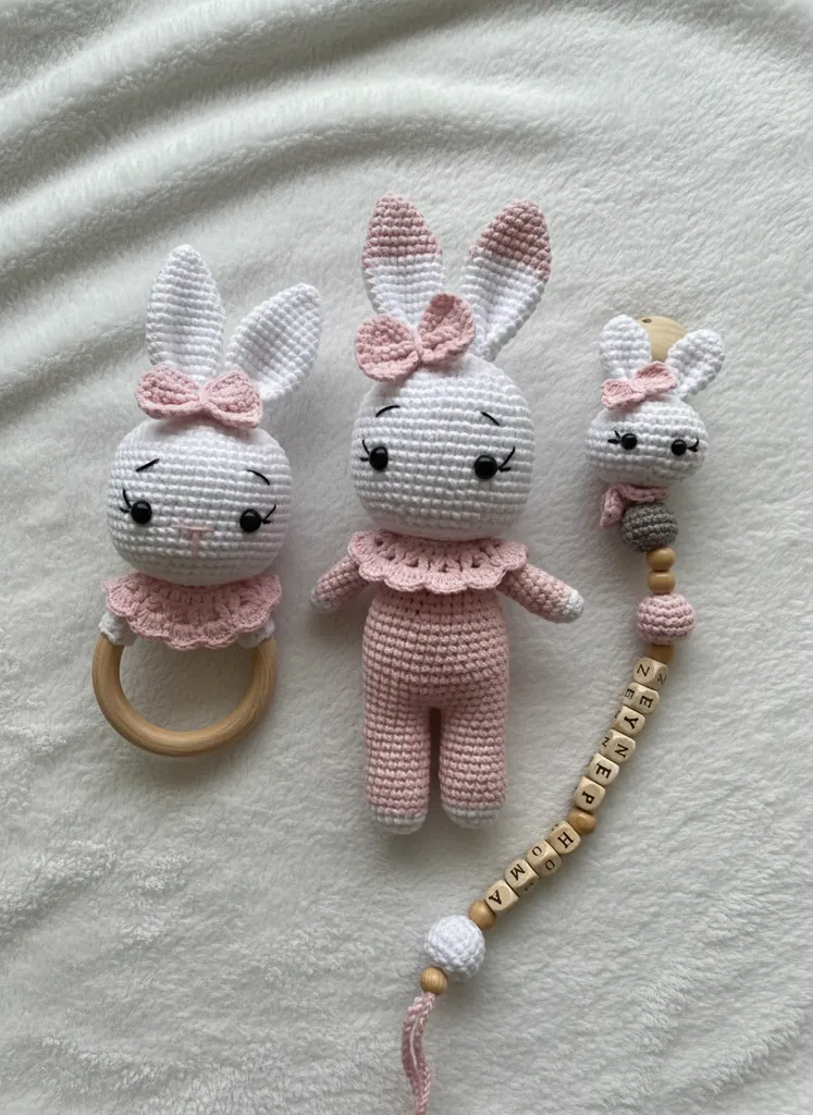 Amigurumi Örgü Pembe Tavşan Oyuncak Seti - Diş Kaşıyıcı ve Emzik Zinciri