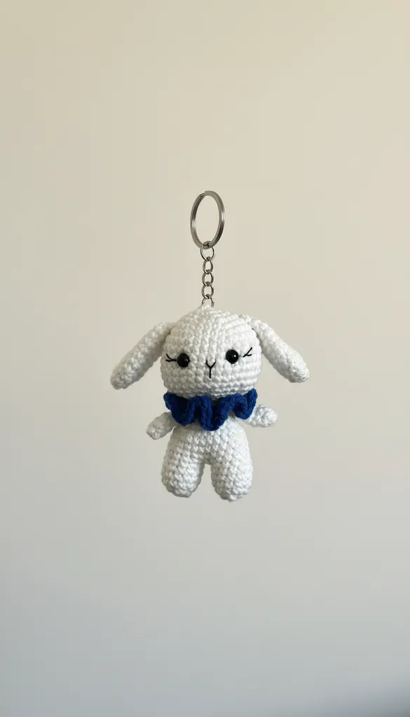 White Knitted Rabbit Keychain - Amigurumi Toy with Blue Bow Tie